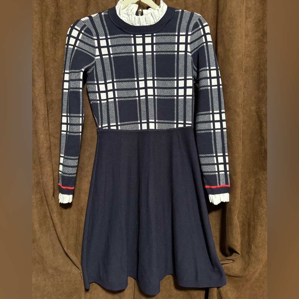 1901 Navy Plaid Knit Fit-and-Flare Dress with Ruffle Collar size SP